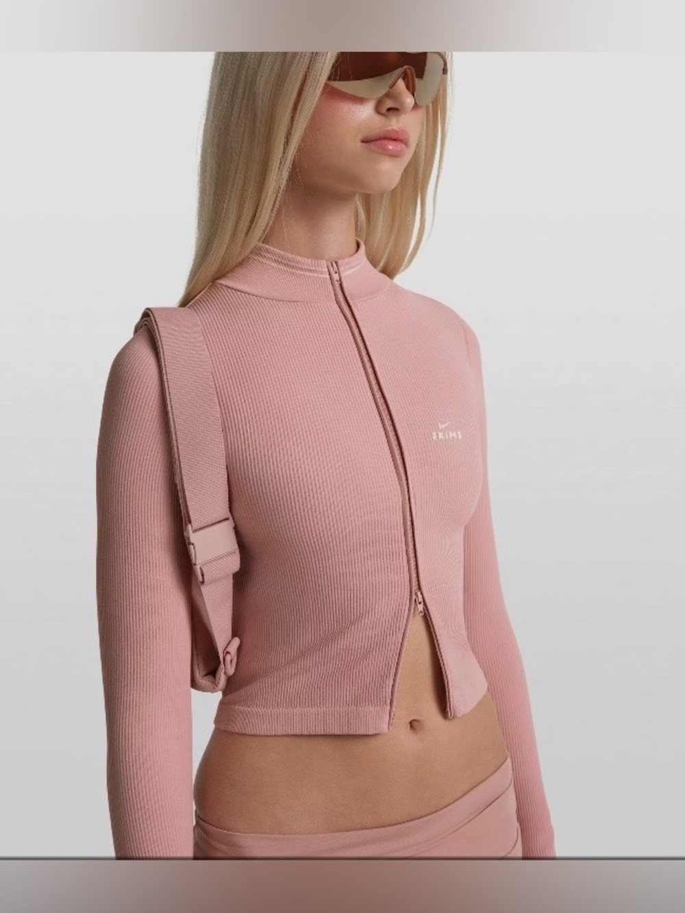 SKIMS X Nike Pink Ribbed Zip-Front Long-Sleeve Crop Top